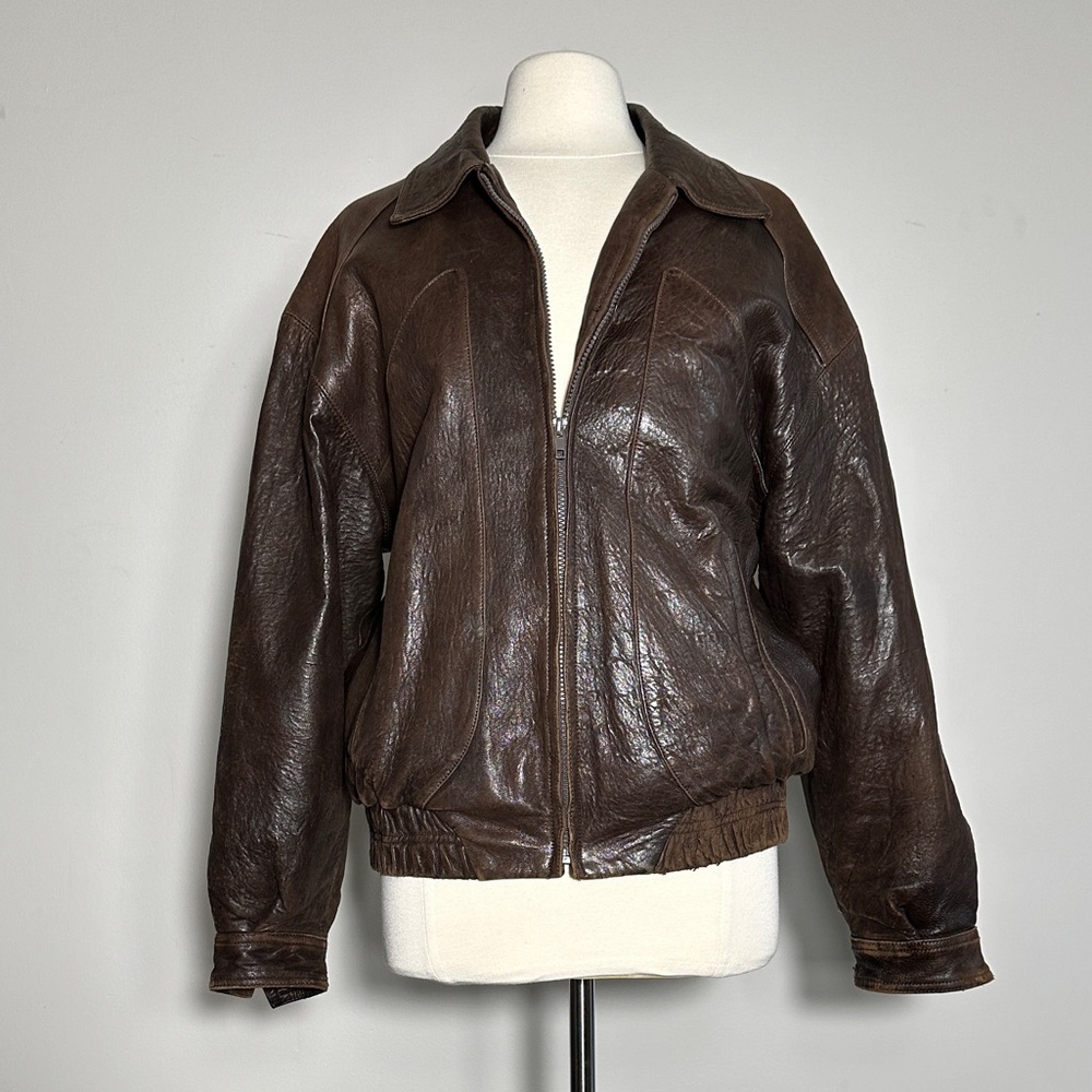 Classic Brown Leather Bomber Jacket Size Medium